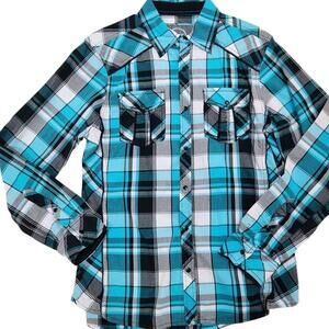 Buckle Mens Standard Plaid Pearl Snap Long Sleeve Flannel Western Sz Small Blue